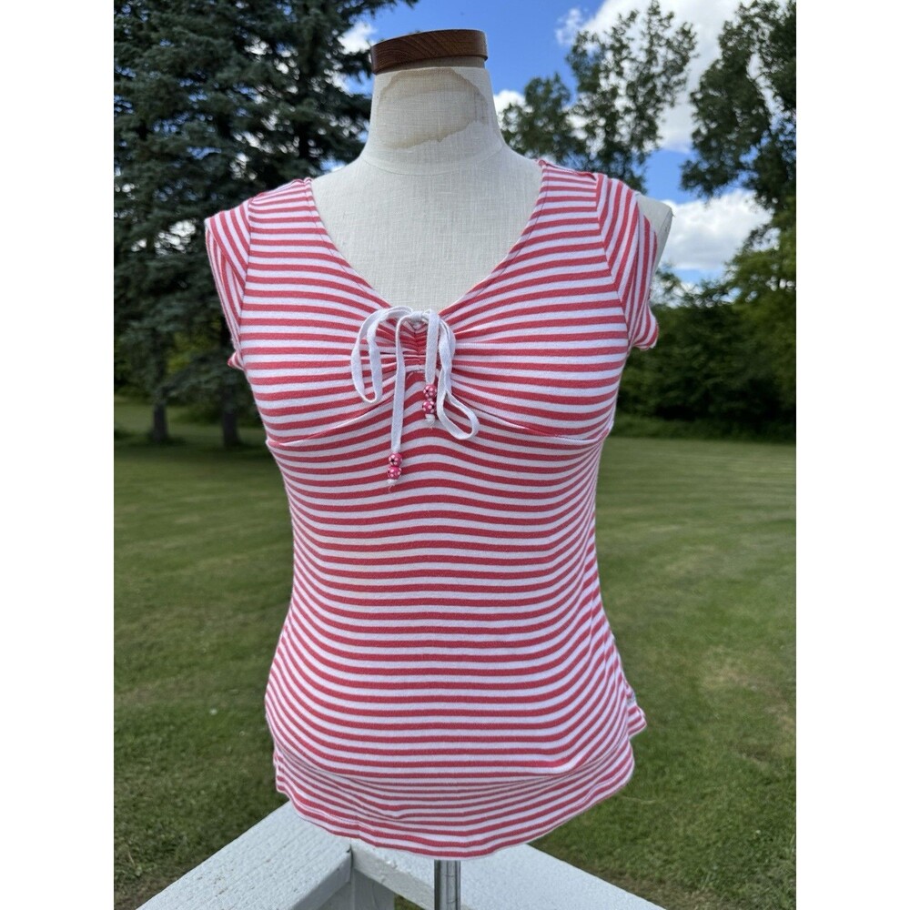 Y2K Unionbay Red Stripe Nautical Cotton Cinched V-neck Top Large
